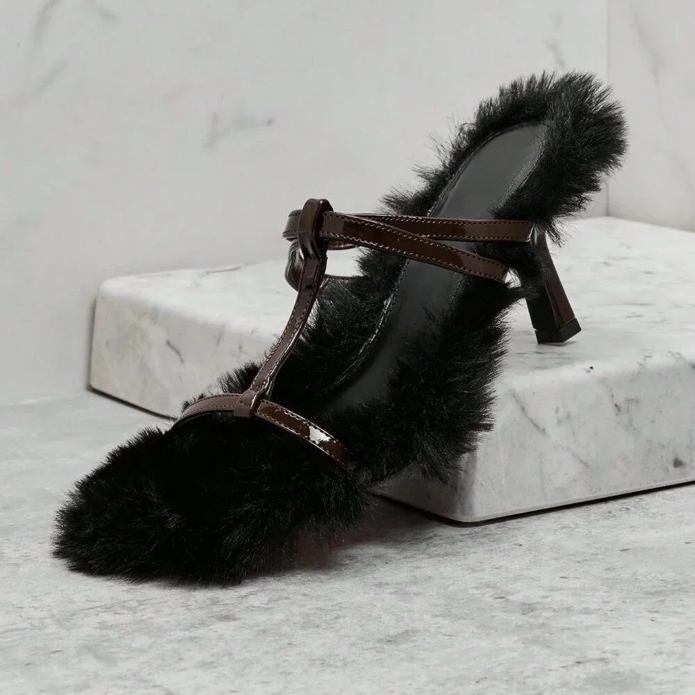 Black Bohemian Women's Versatile Faux Fur Slip-On Heeled Sandals - Picture 1 of 6